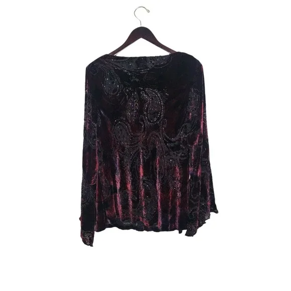 Carmen Marc Valvo Size 2x Bell Sleeve Cowl Neck Paisley Velvet Top Blouse Gothic - Picture 2 of 12